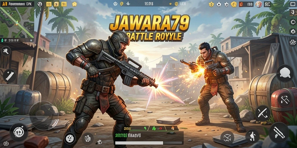 Screenshot JAWARA79 menampilkan aksi pertempuran intens dalam mode Battle Royale.