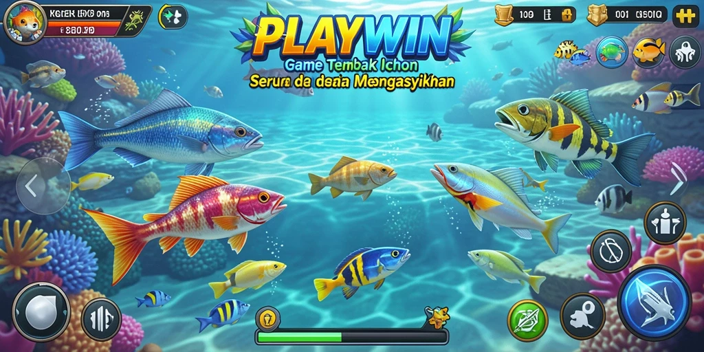 Tampilan gameplay seru di bawah laut dengan beragam ikan.
