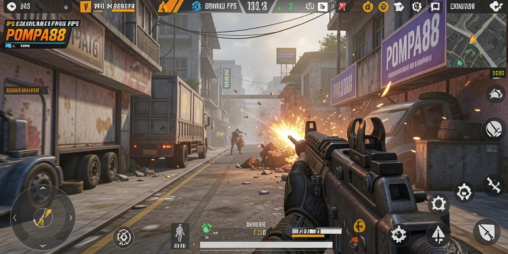 Screenshot POMPA88 menunjukkan aksi menegangkan dalam game FPS.