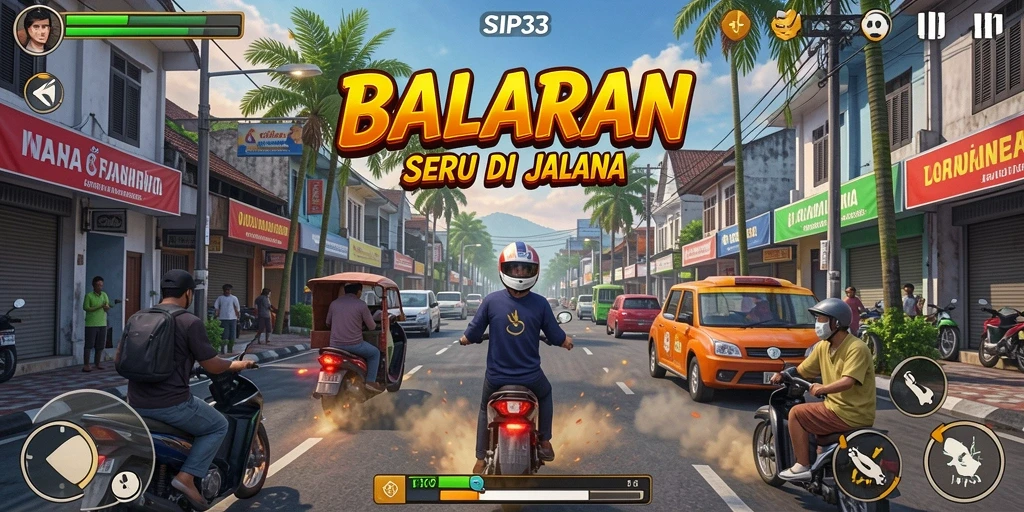 Screenshot gameplay SIP33 yang menampilkan aksi balapan seru.